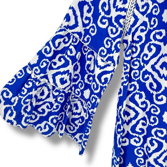 New Calessa Blue Abstract Ikat Print 3/4 Tiered Sleeve Tunic Shirt Size Small - Picture 4 of 7